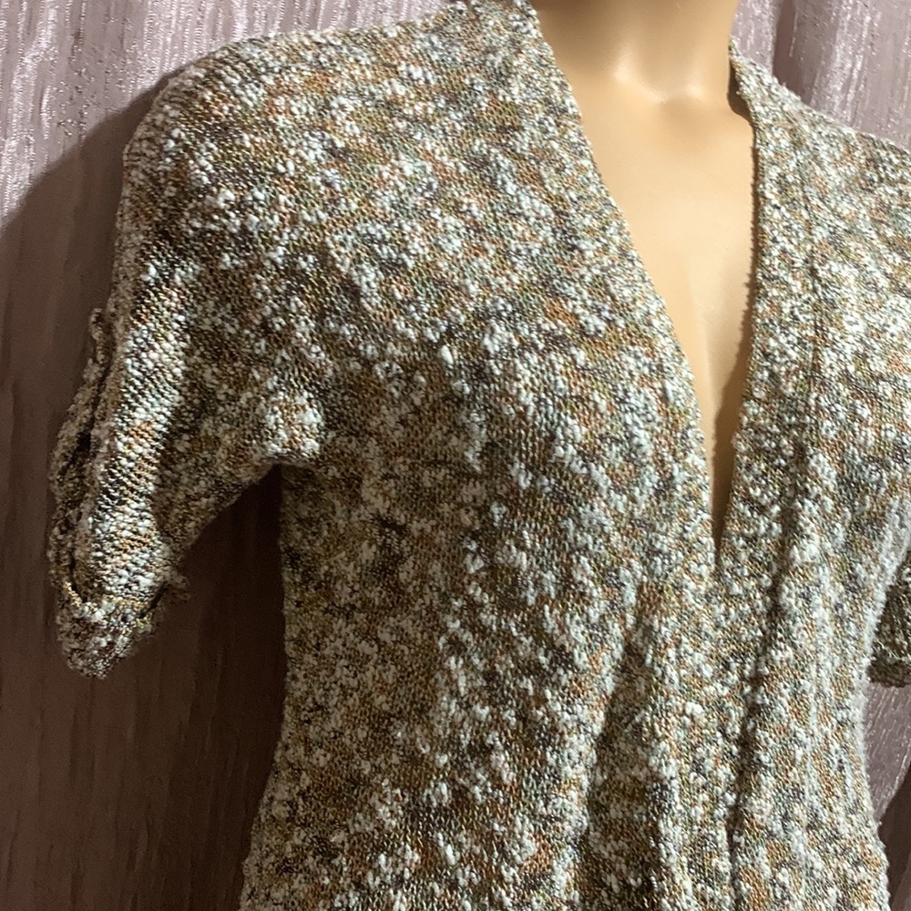 Chico's Sweater Cardigan Open Front Green Brown Cream Size 1 M Short Sleeve - Picture 4 of 14